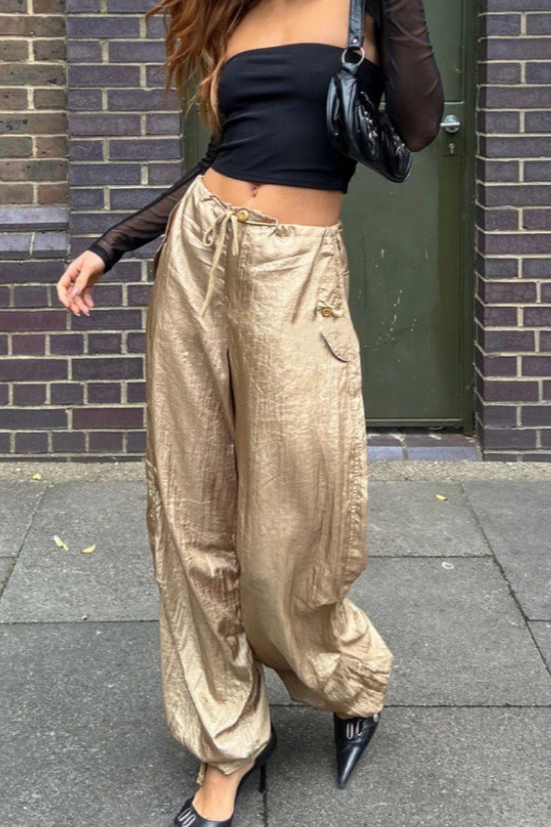 Shiny Parachute Cargo Drawstring Loose Cool Pants