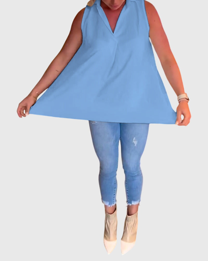 Collared Sleeveless High Low Blouse 7