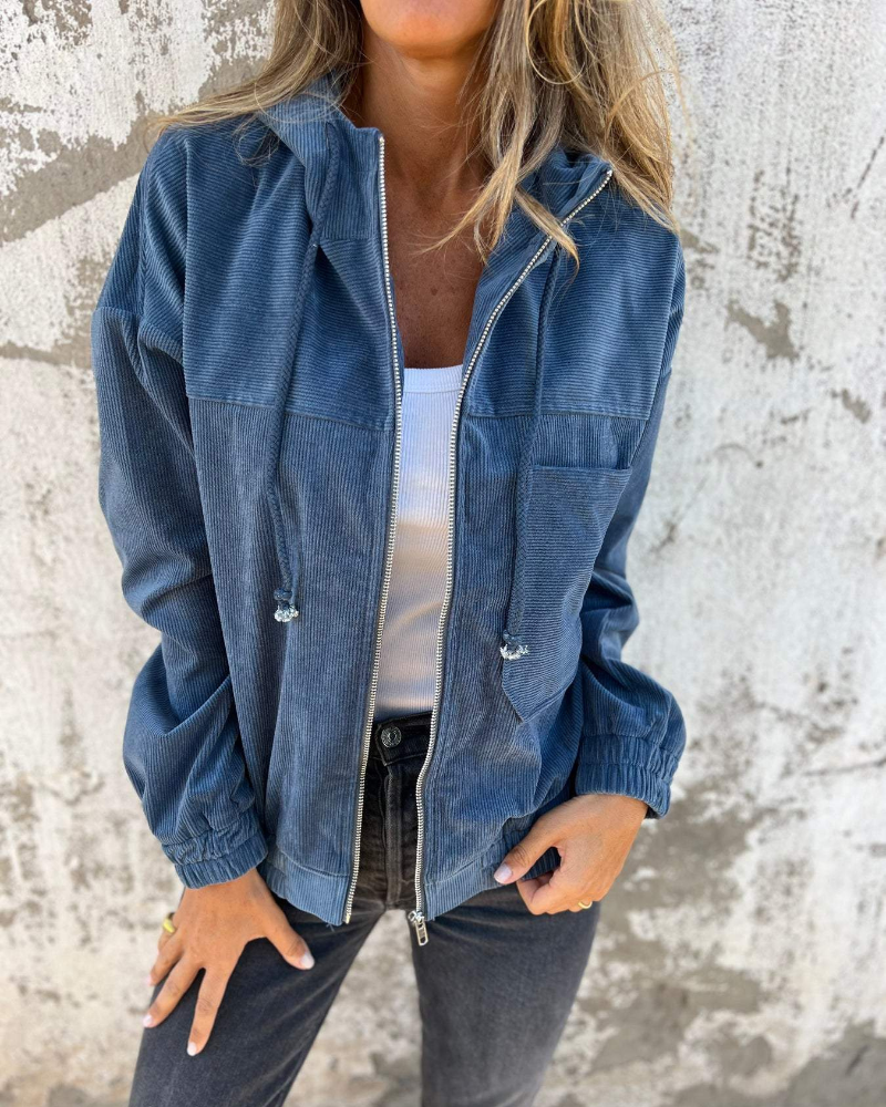 Hooded Zip Front Ribbed Corduroy Jacket 2