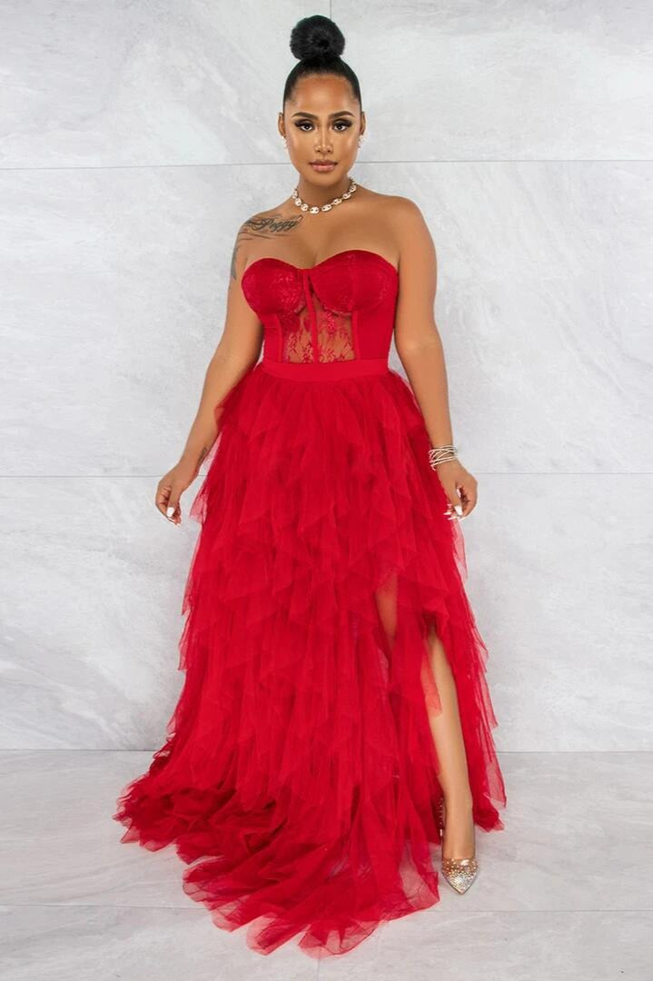Sheer Lace Bustier Strapless Tulle A-Line Formal Gown - View 5