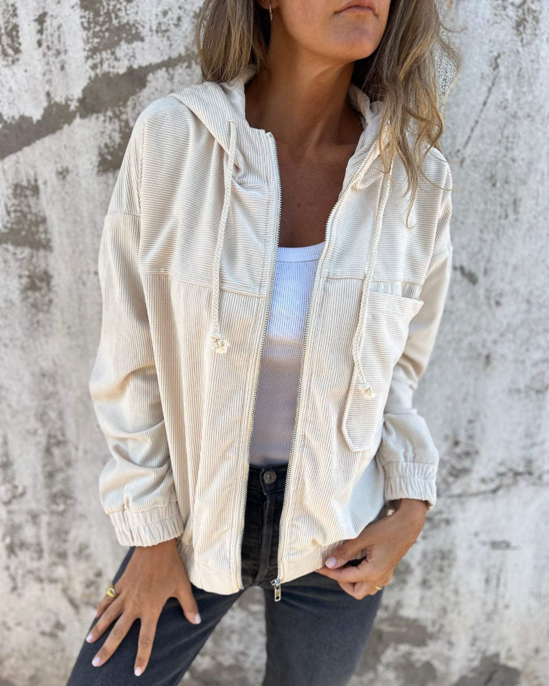 Hooded Zip Front Ribbed Corduroy Jacket