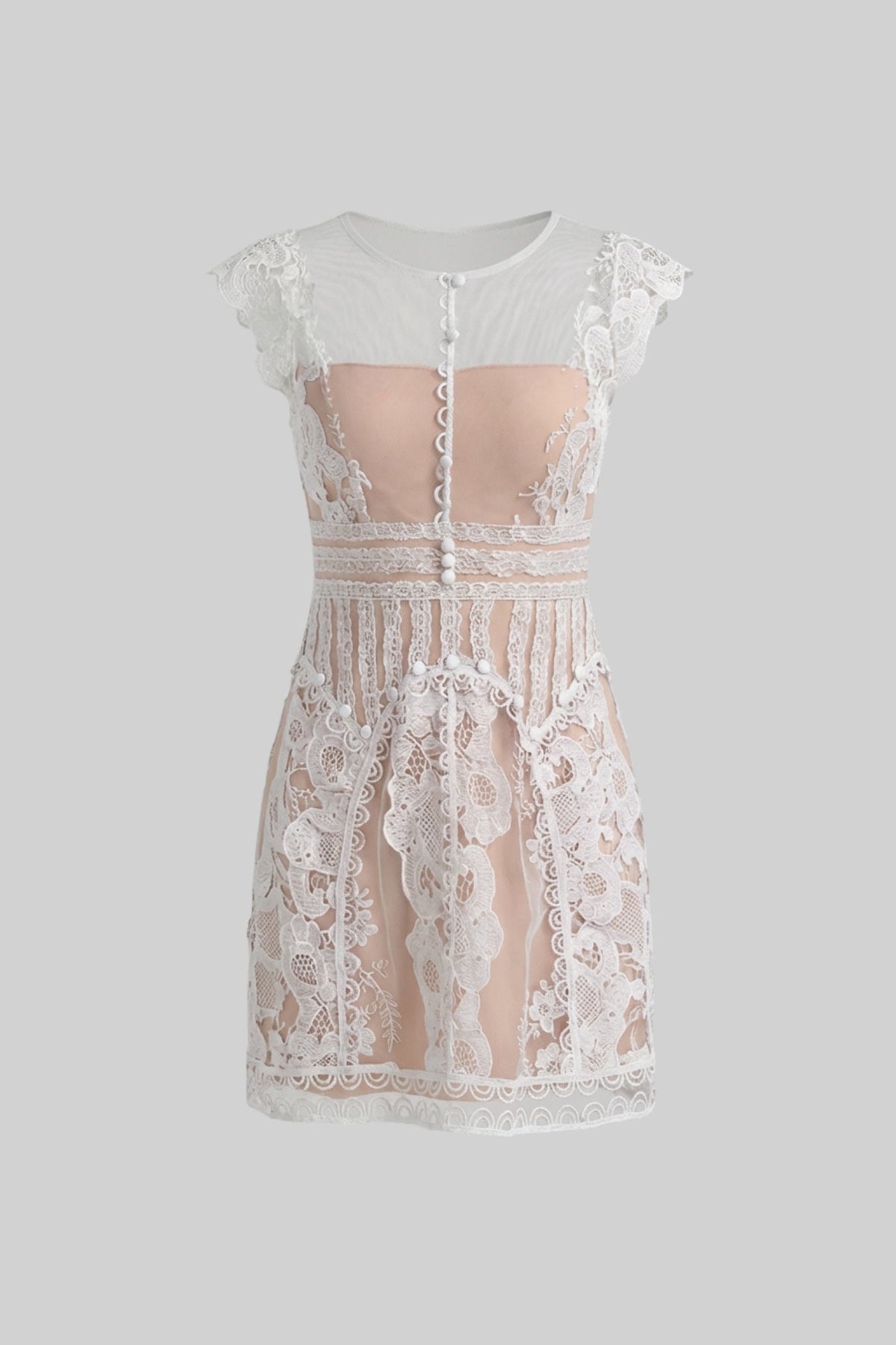 Lace Sheer Mesh Yoke Cap Sleeve Pearl Button A-Line Mini Dress - View 2