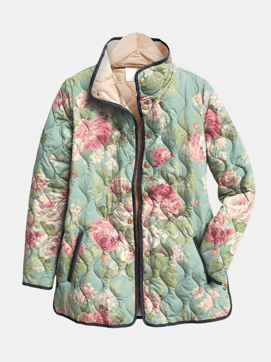 Floral Quilted Stand Collar Snap Button Jacket