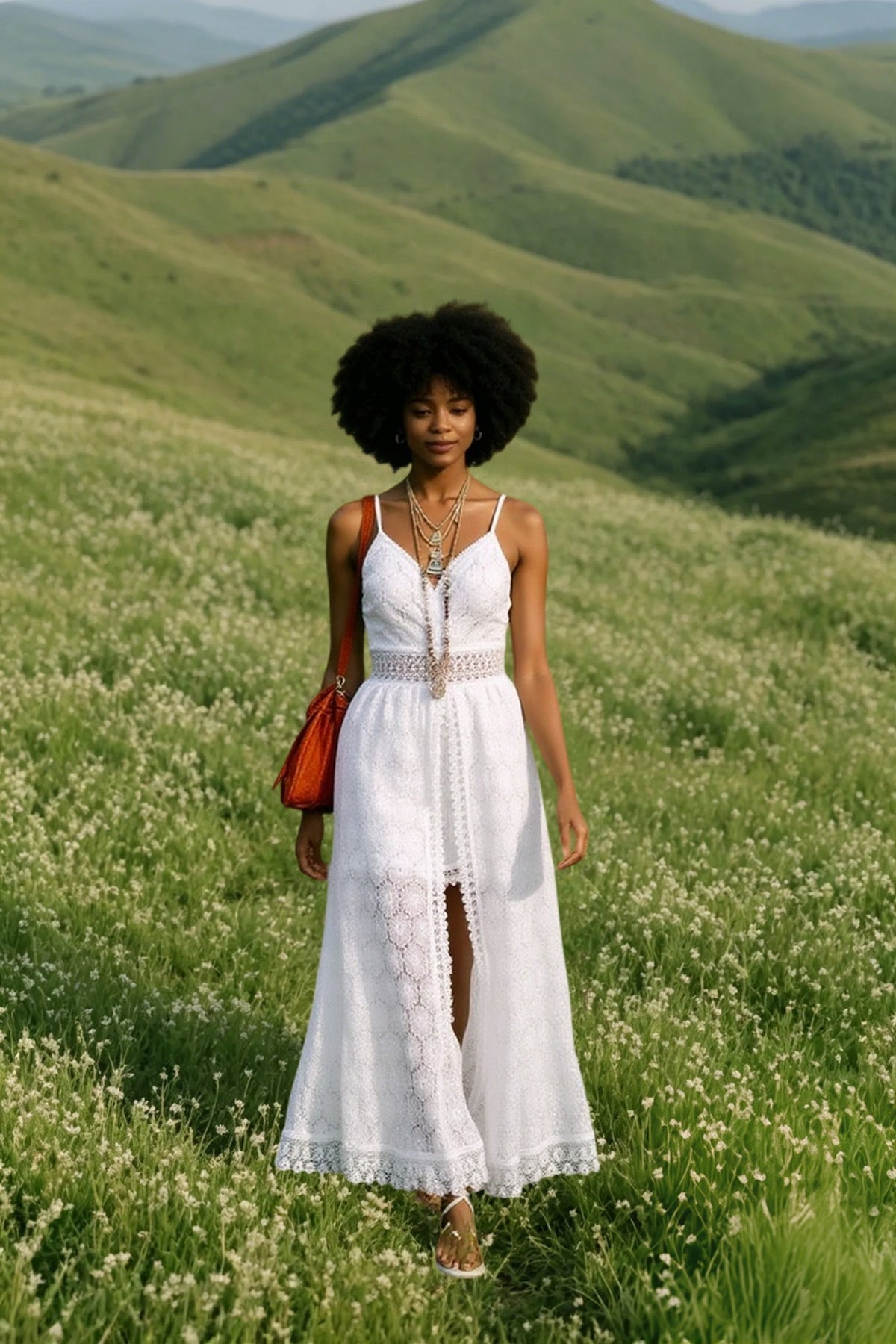 Lace V-Neck Spaghetti Strap Crochet Trim High Split Maxi Dress 2