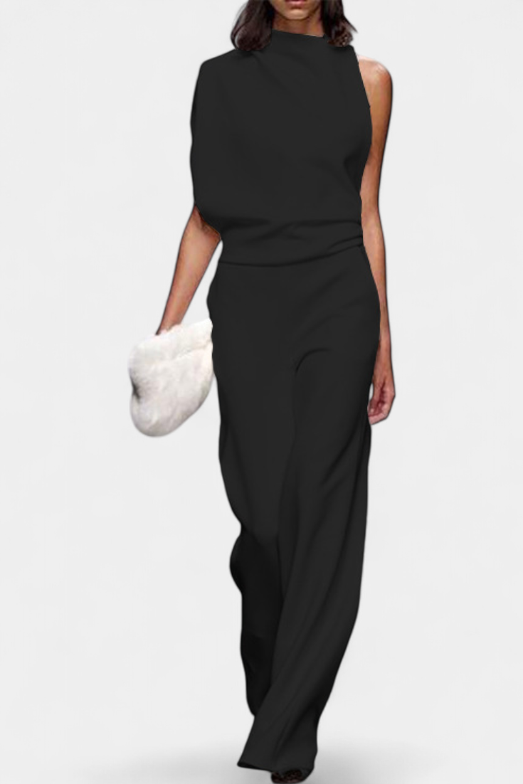 One Shoulder Sleeveless Mock Neck Wide Leg Jumpsuit 2