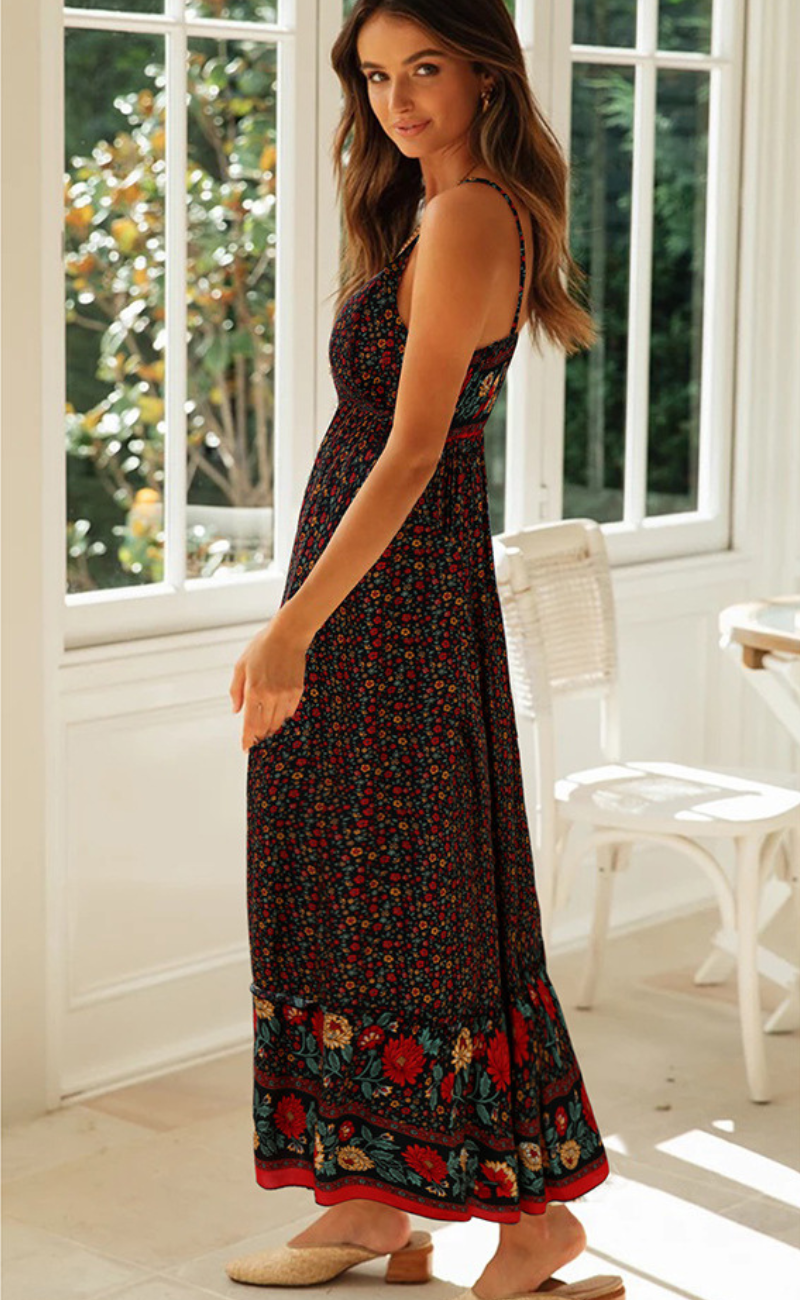 Floral Print Spaghetti Strap V-Neck Border Hem Tiered Maxi Dress - View 6