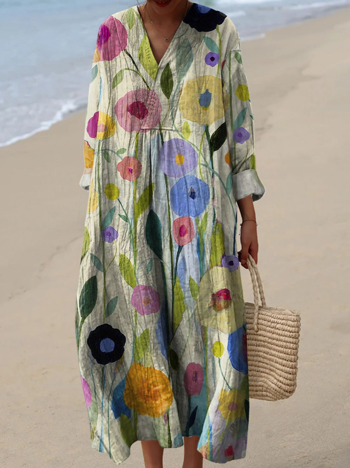 Watercolor Floral V-Neck Long Sleeve Loose Maxi Dress