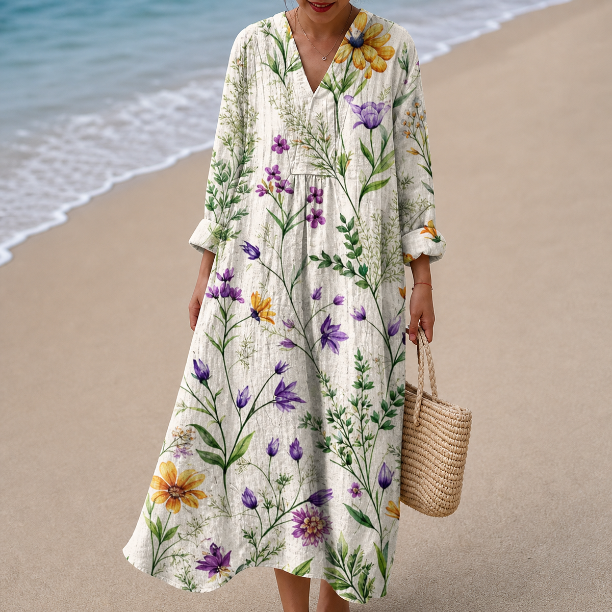 Floral Botanical Print V-Neck Long Sleeve Midi Dress