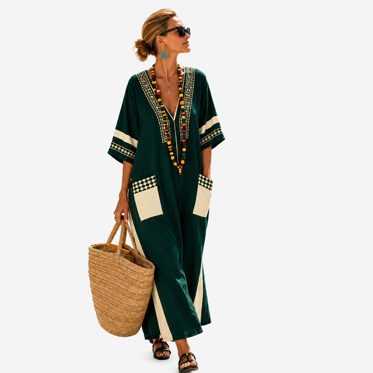Embroidered Trim V-Neck Half Sleeve Kaftan Maxi Dress