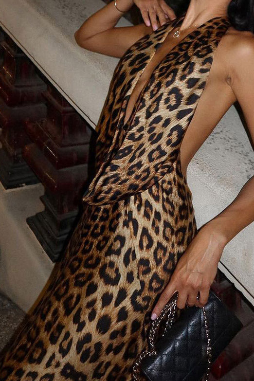 Leopard Print Halter Neck Backless Drape Maxi Gown - View 4