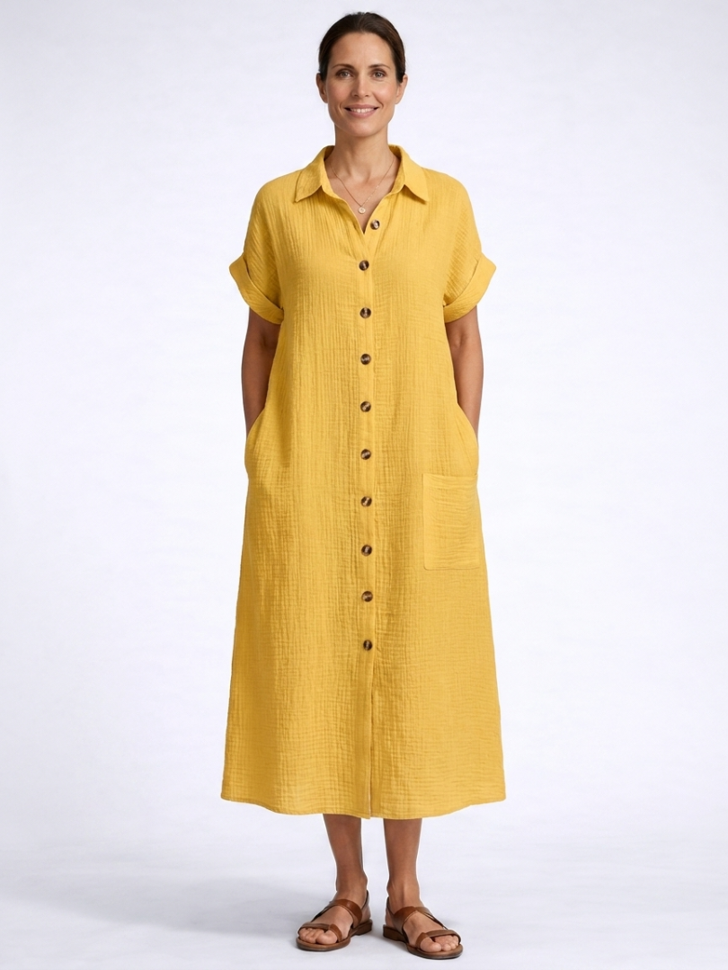 Collared Short Sleeve Button Front Pocket Maxi Shirt Dress