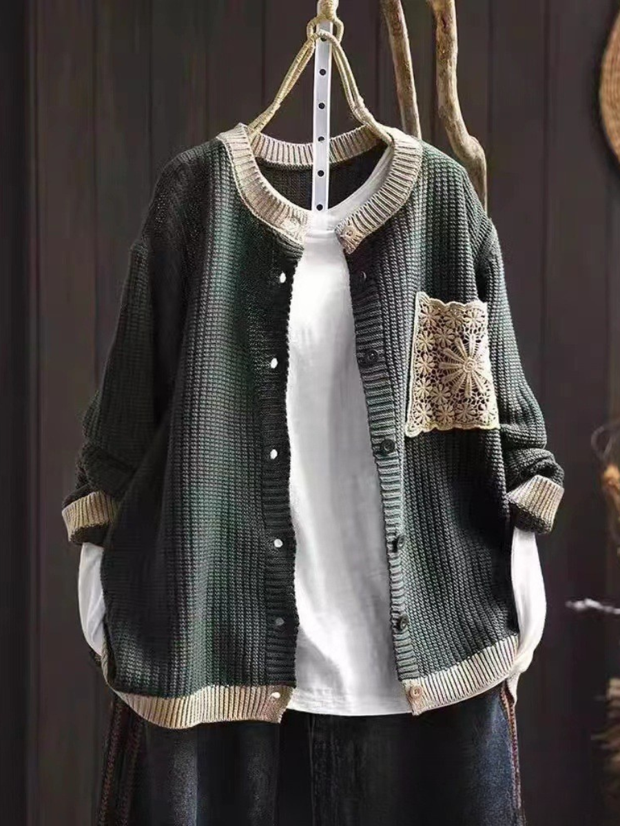 Crochet Pocket Round Neck Button Front Waffle Knit Cardigan 5
