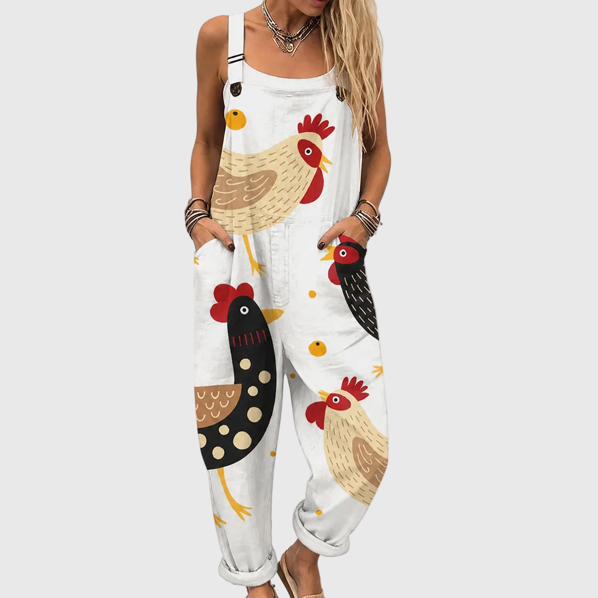 Folk Hen Print Sleeveless Cuffed Overall Jumpsuit