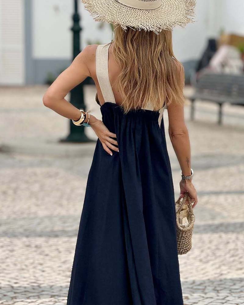 Cross Halter Neck Contrast Panel Sleeveless Draped Maxi Dress 14