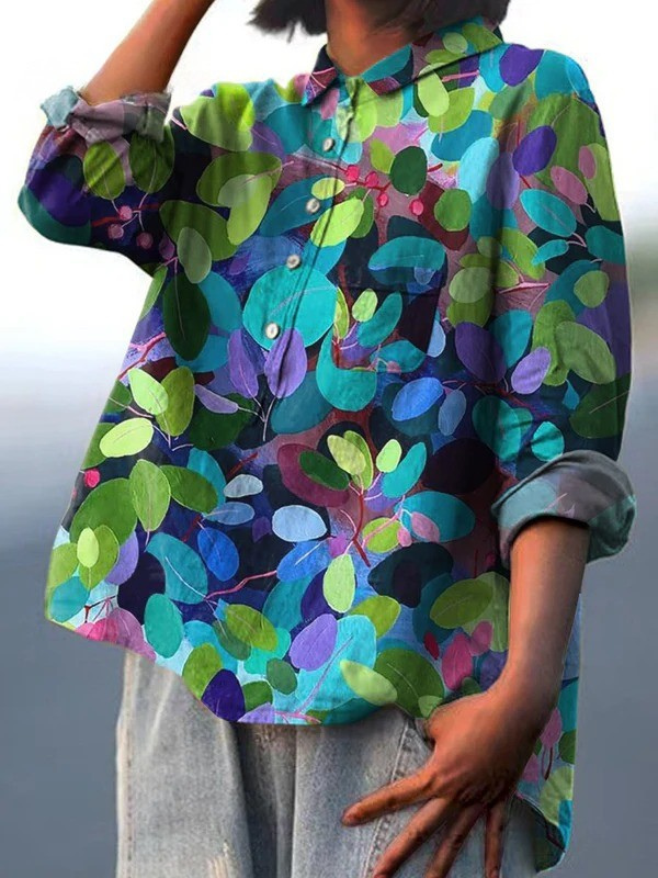 Leaf Print Long Sleeve Button Front High Low Blouse 2