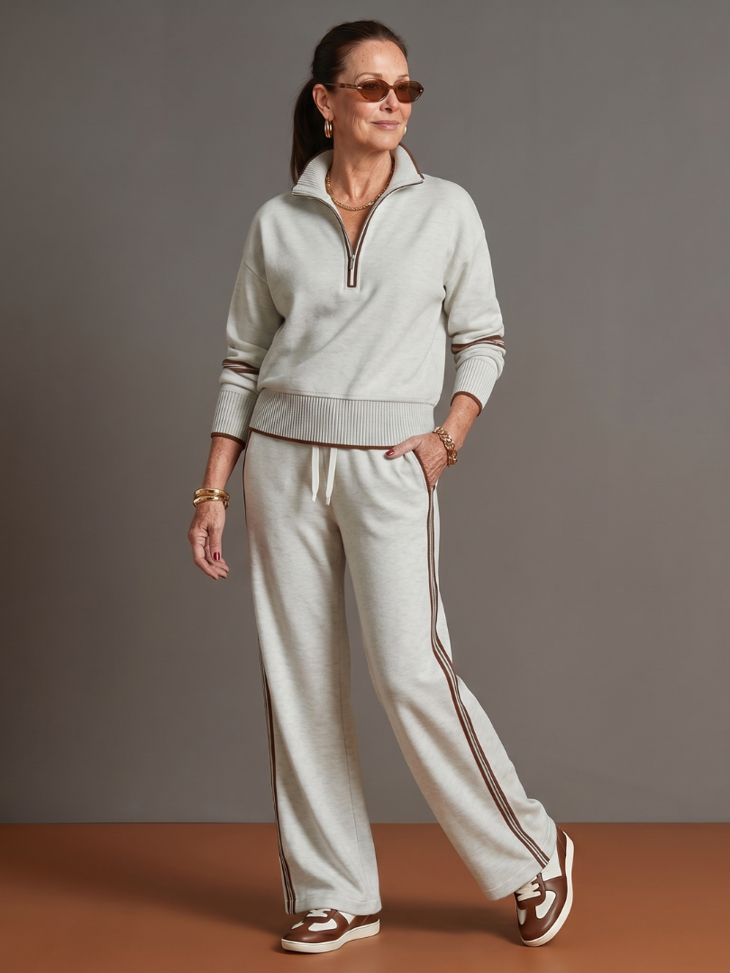 Quarter Zip Sweatshirt and Side Stripe Wide Leg Pants Two Piece Set 11