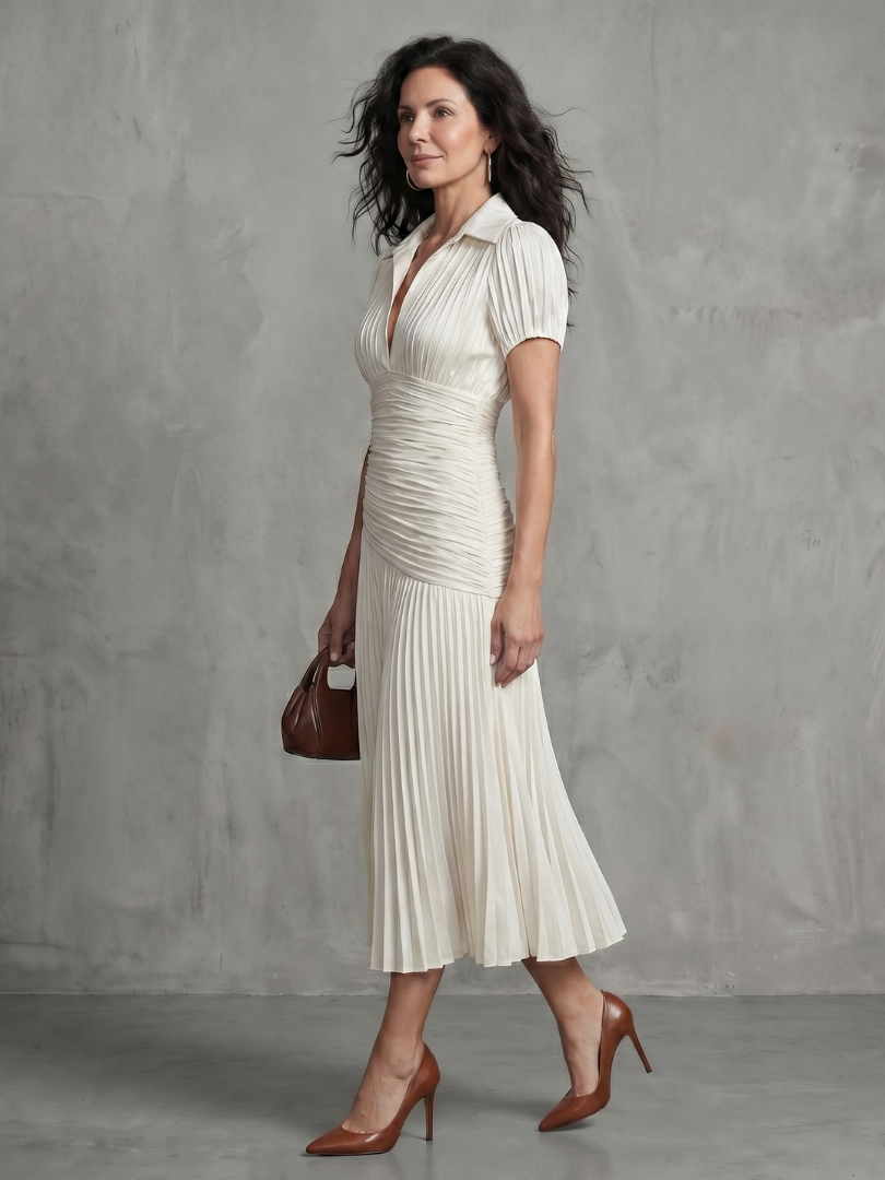 Striped Collared Short Sleeve Ruched Pleated Midi Dress 13