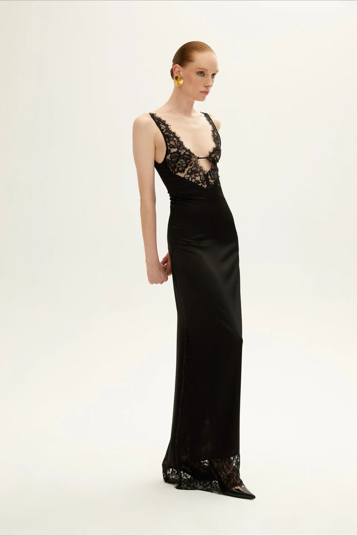 Satin Deep V-Neck Lace Bodice Lace Trim Hem Slip Maxi Gown