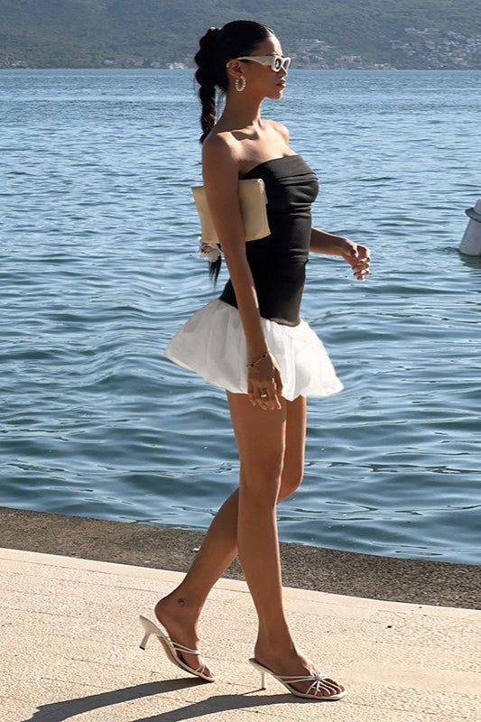 Strapless Bubble Hem Contrast Peplum Fit and Flare Mini Party Dress - View 5