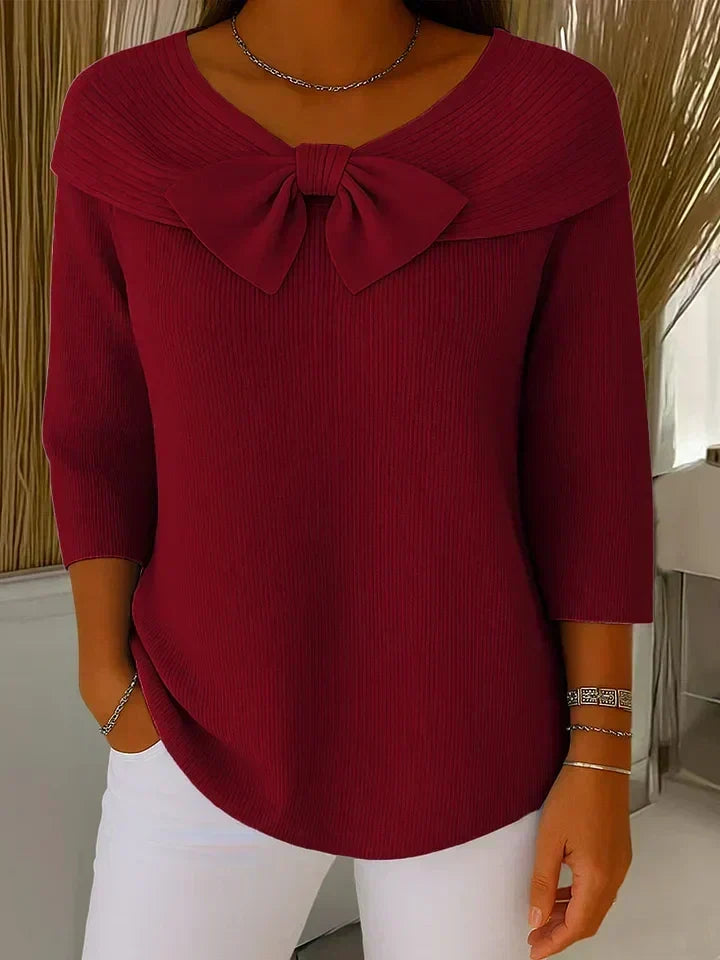 Foldover Neck Bow Front Ribbed Knit Top 4