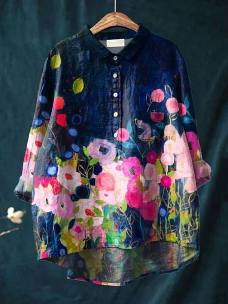 Watercolor Floral Print Long Sleeve Button Blouse 4