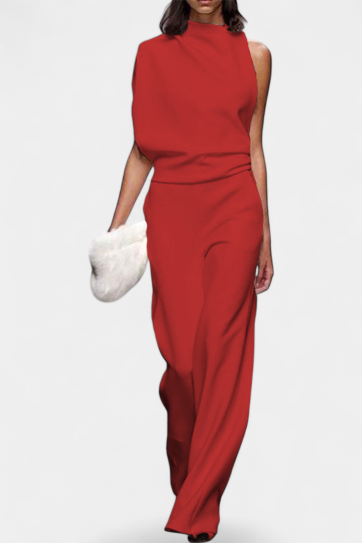 One Shoulder Sleeveless Mock Neck Wide Leg Jumpsuit 4