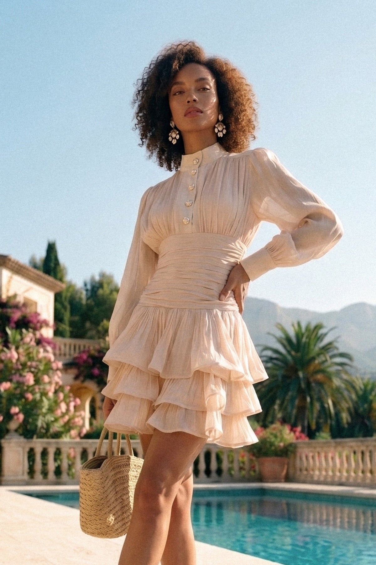 Draped Long Sleeve Mini Dress With Tiered Ruffle Skirt - Champagne - View 4