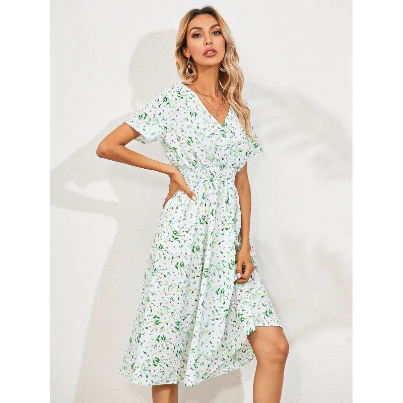Wrap V-Neck Flutter Sleeve Smocked Waist A-Line Midi Summer Dress - View 16