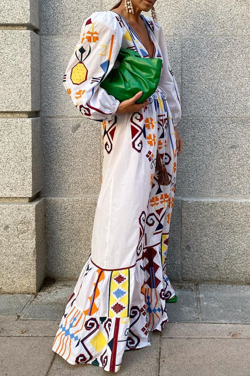 Geometric Print Deep V-Neck Puff Sleeve Drawstring Tiered Maxi Dress - View 3