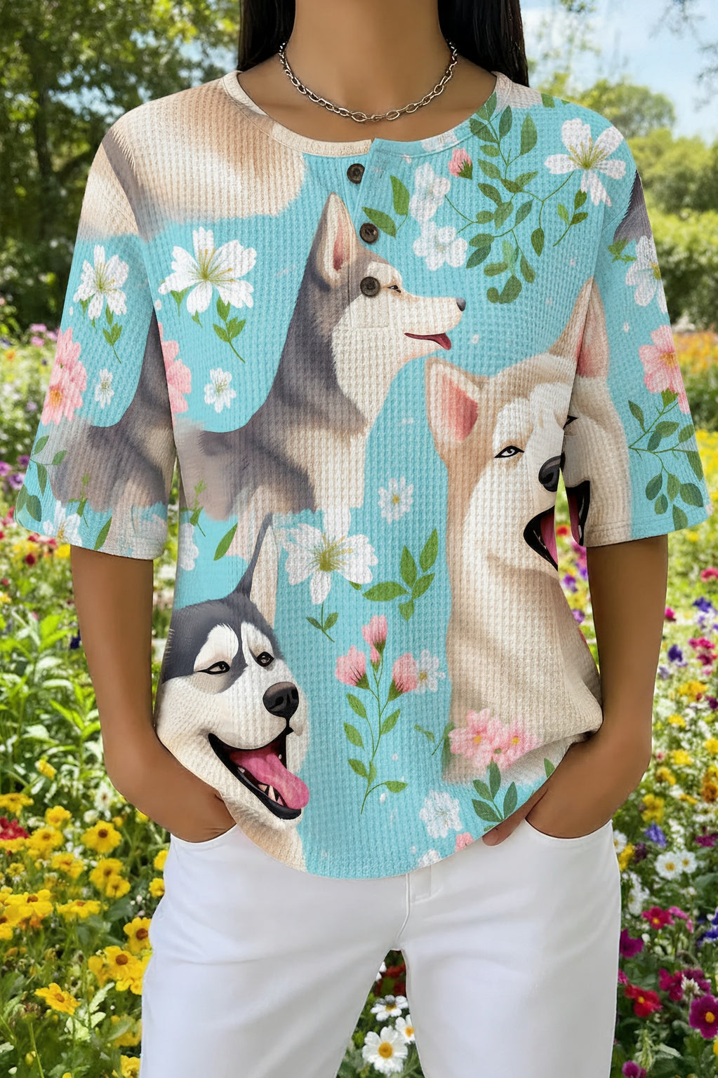 Husky Dog Print Waffle Knit Button Placket Short Sleeve Top