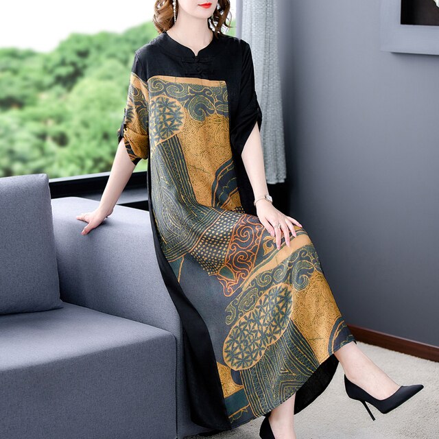 Patchwork Print Mandarin Collar Three-Quarter A-Line Midi Dress - View 7
