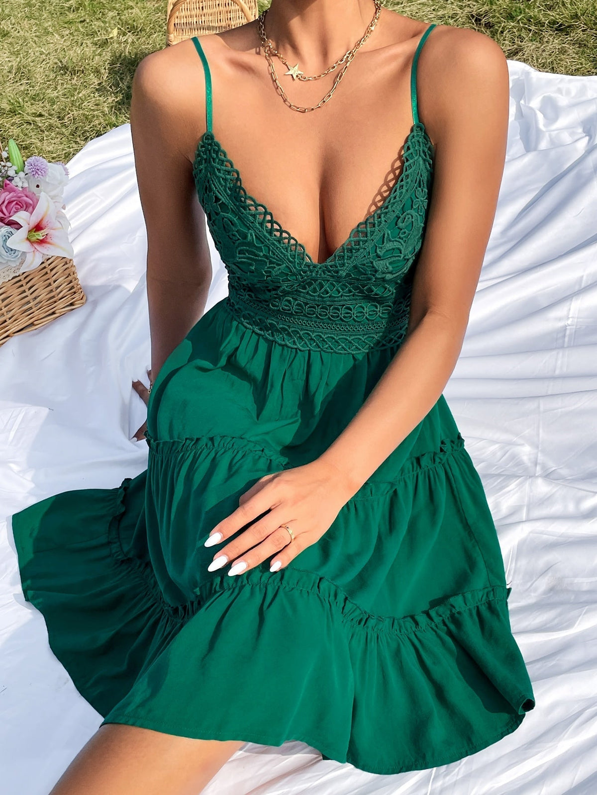 V-Neck Spaghetti Strap Lace Bodice Tiered Ruffle Mini Dress 7