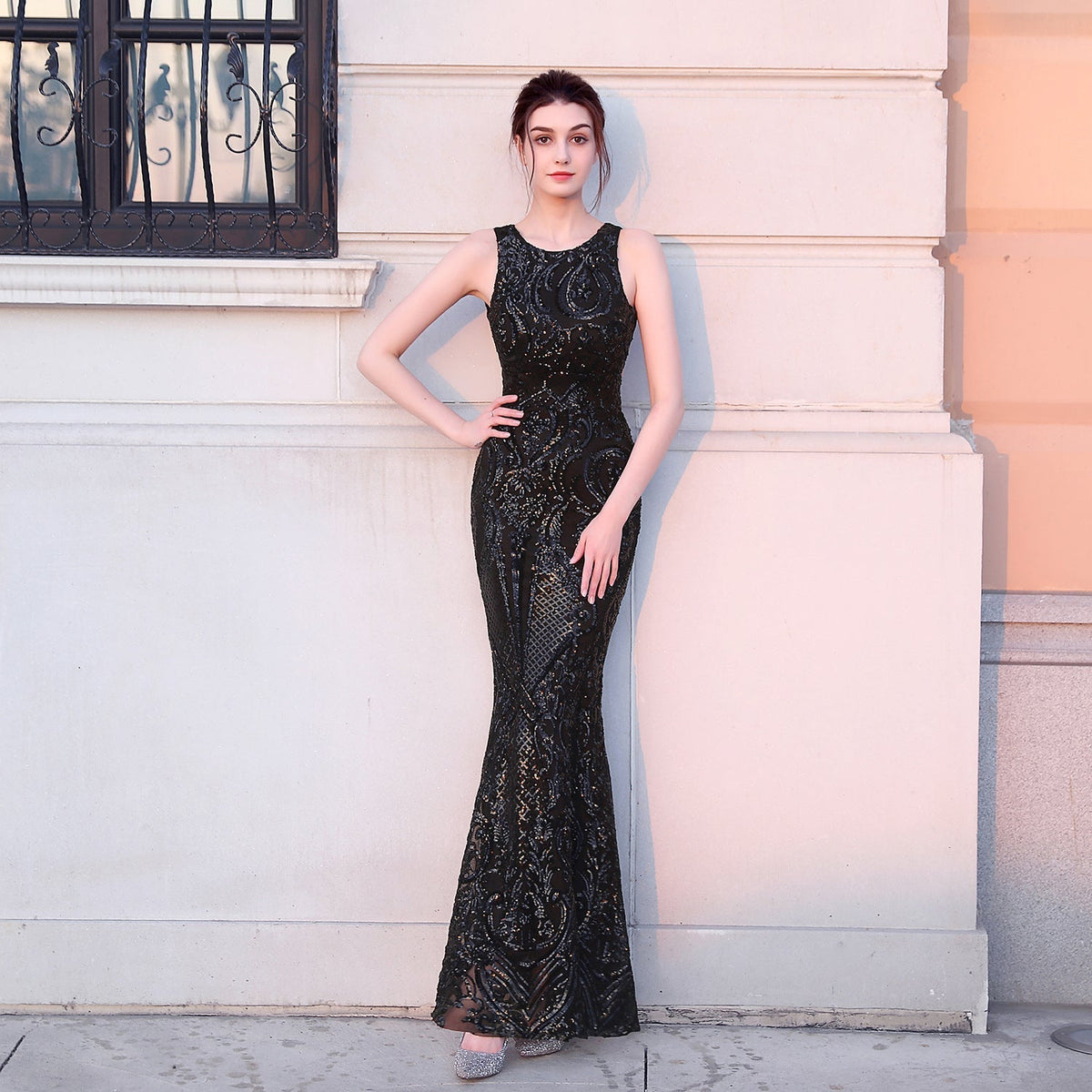 Sequin Round Neck Sleeveless Mermaid Gown - View 9