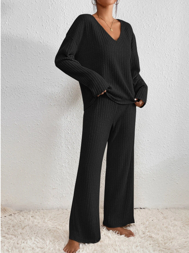 Ribbed Knit V-Neck Long Sleeve Top and Wide Leg Pants Two Piece Set 10