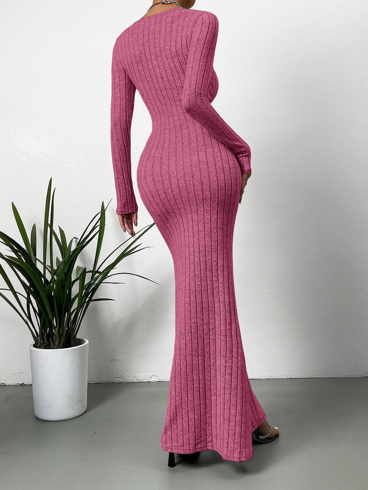 Square Neck Long Sleeve Ribbed Knit Fishtail Maxi Dress 2