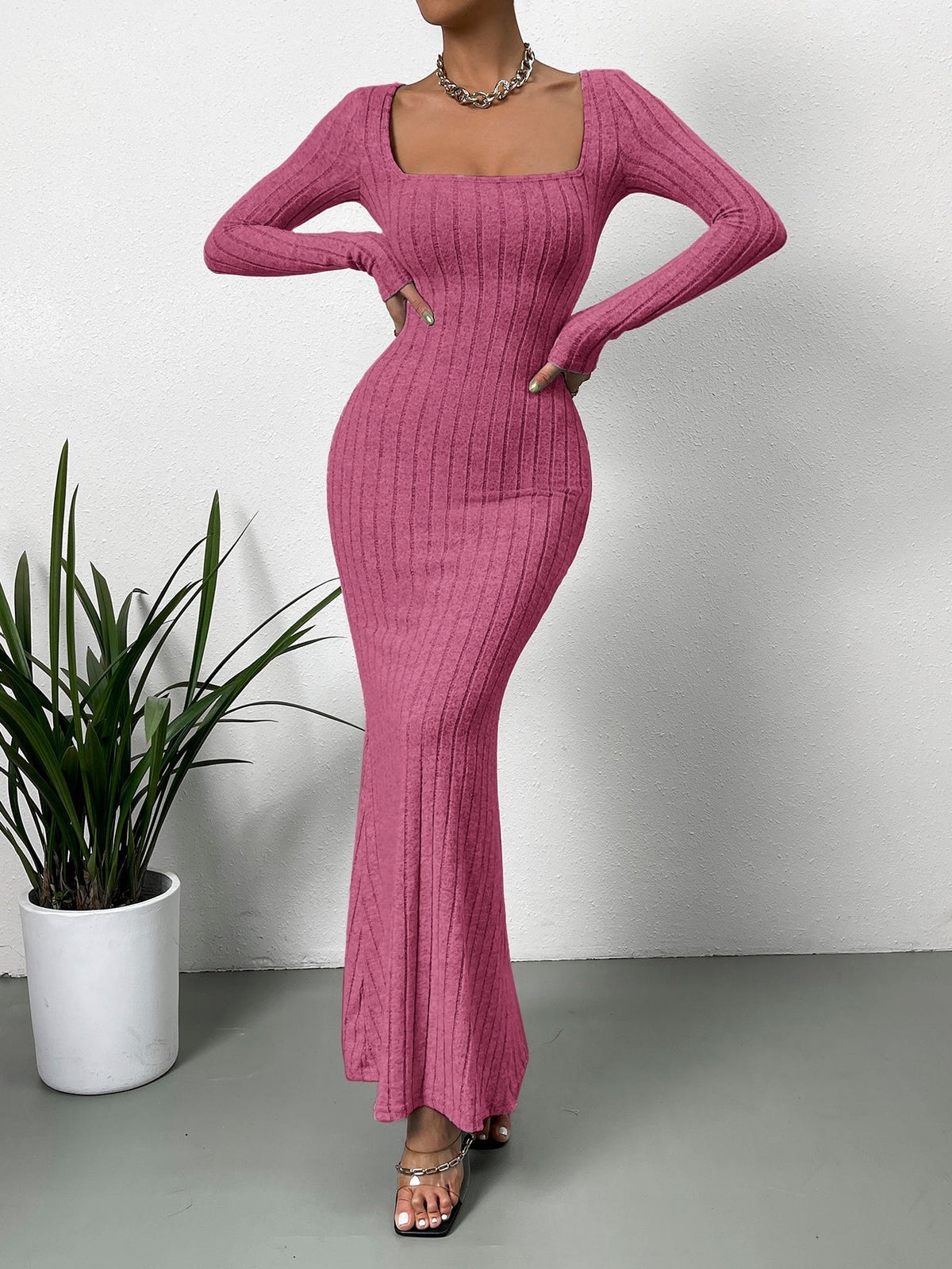 Square Neck Long Sleeve Ribbed Knit Fishtail Maxi Dress 6