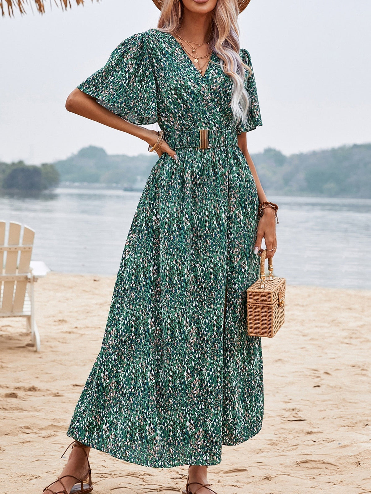 Leopard Print Wrap Flutter Sleeve Belted High Split Maxi Dress 26