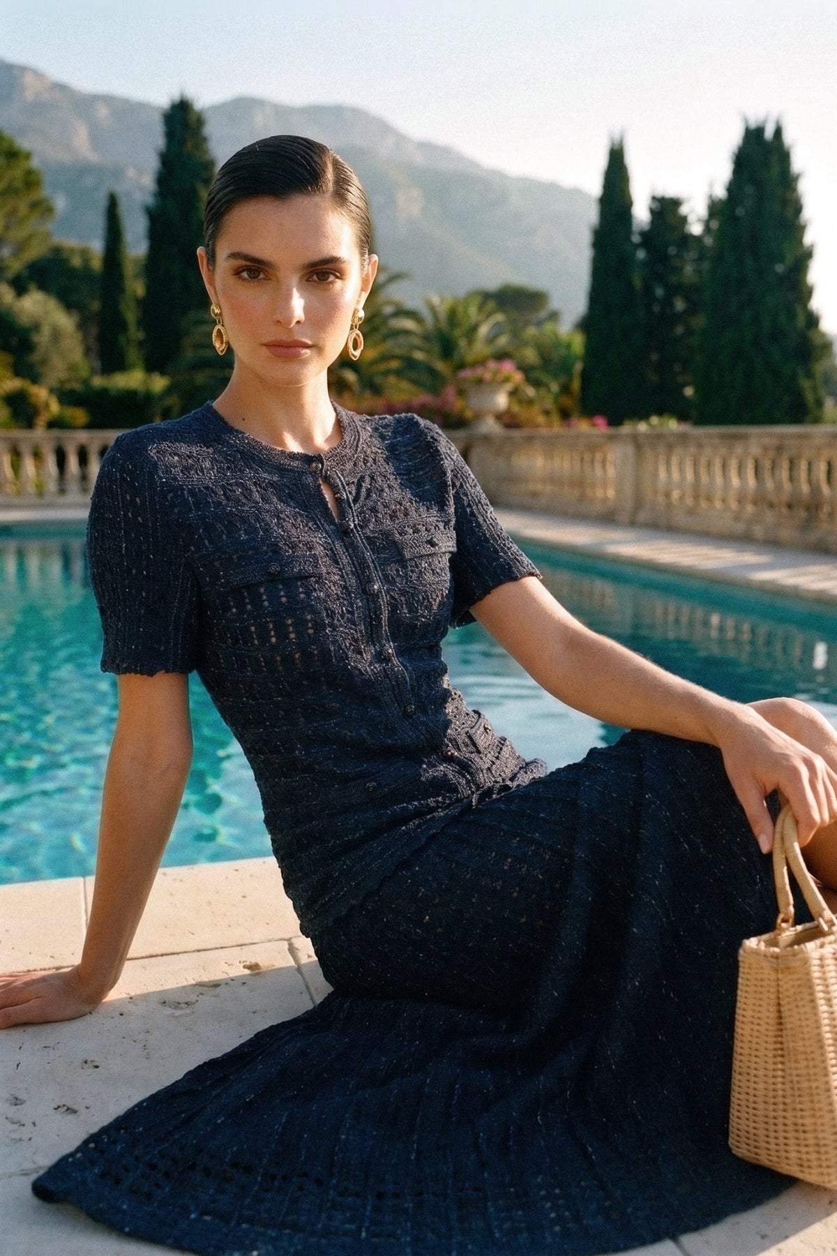 Short Sleeve Midi Dress With Shimmer Knit Texture - Navy - View 3