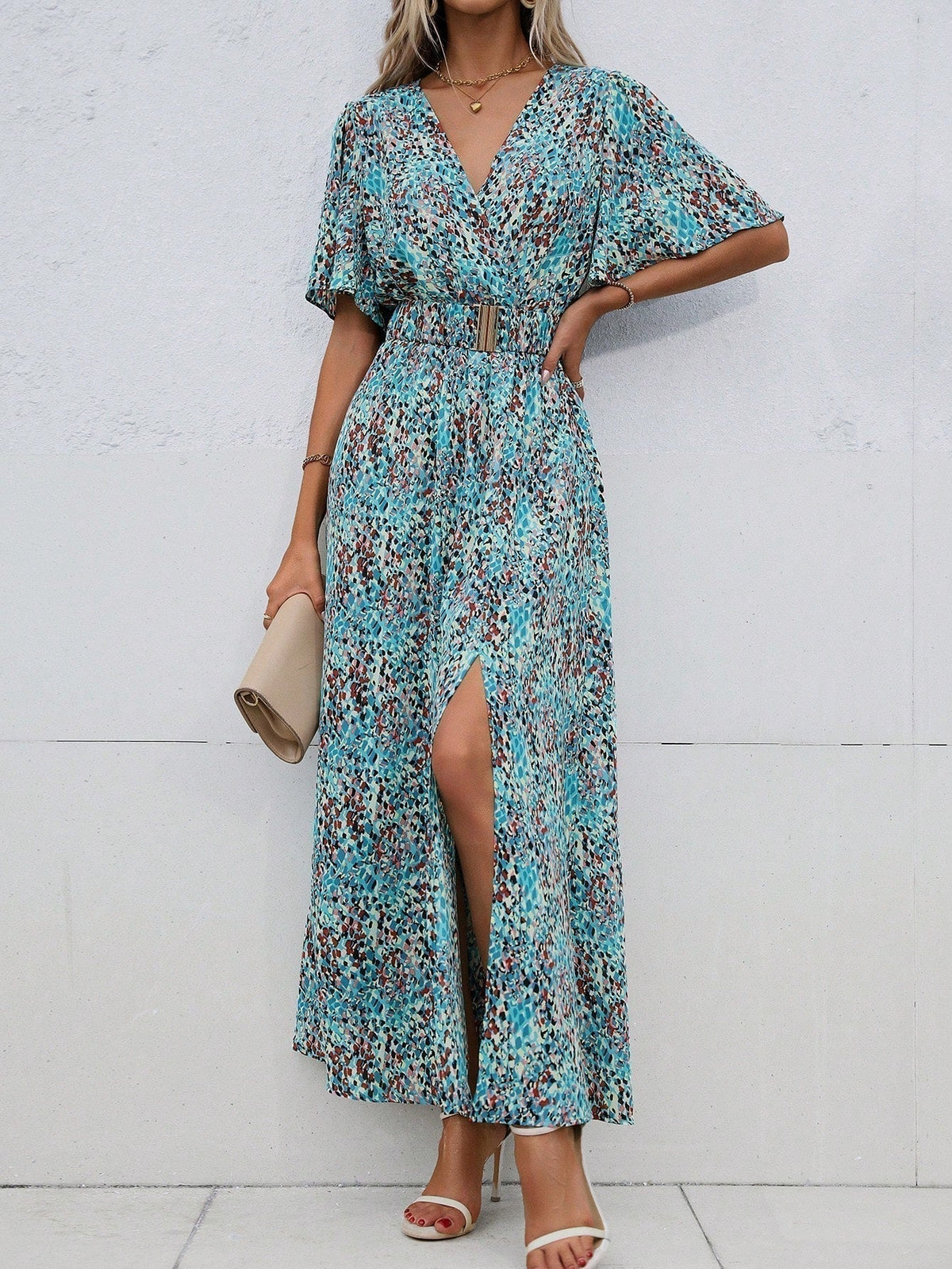 Leopard Print Wrap Flutter Sleeve Belted High Split Maxi Dress - View 18