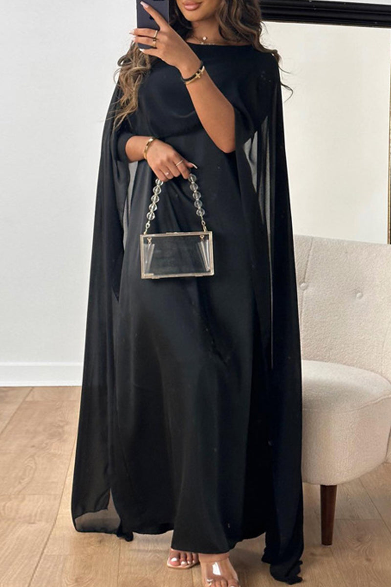 Chiffon Boat Neck Cape Sleeve Overlay Column Maxi Gown - View 3