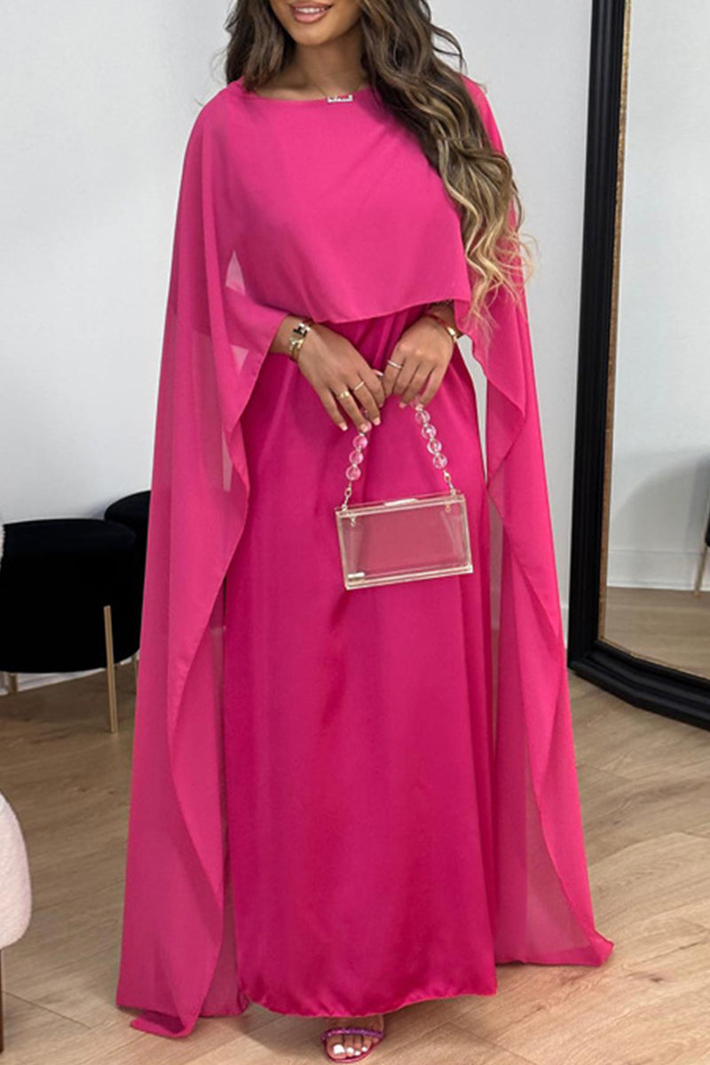 Chiffon Boat Neck Cape Sleeve Overlay Column Maxi Gown