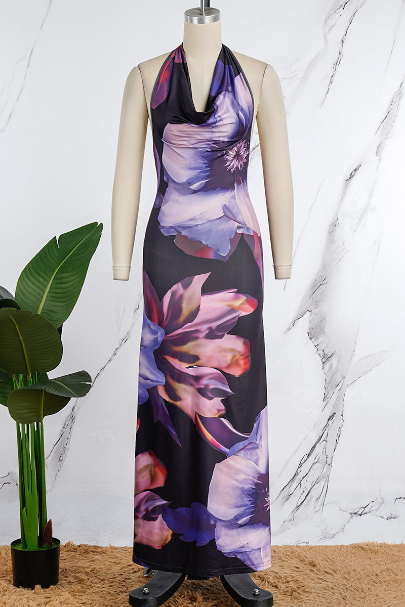 Floral Halter Neck Backless Cowl Maxi Dress - View 8