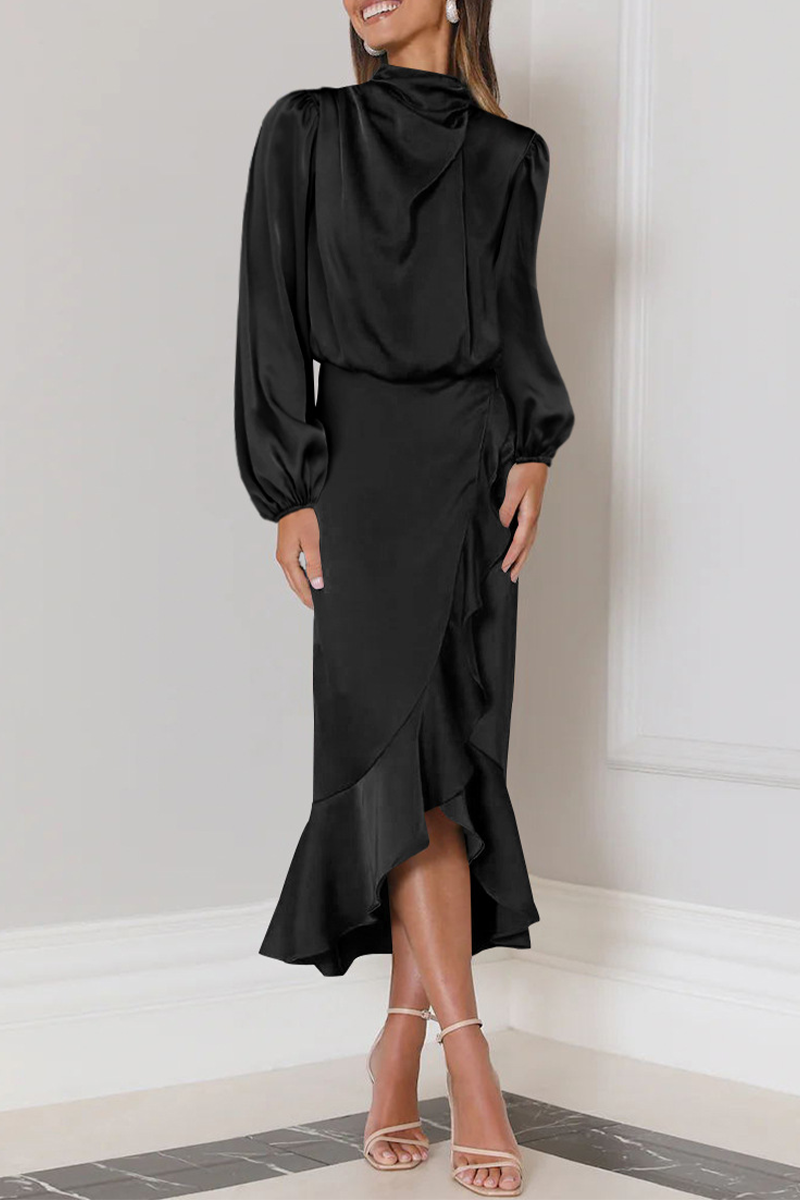 Satin High Neck Long Sleeve Ruffle Wrap Midi Dress