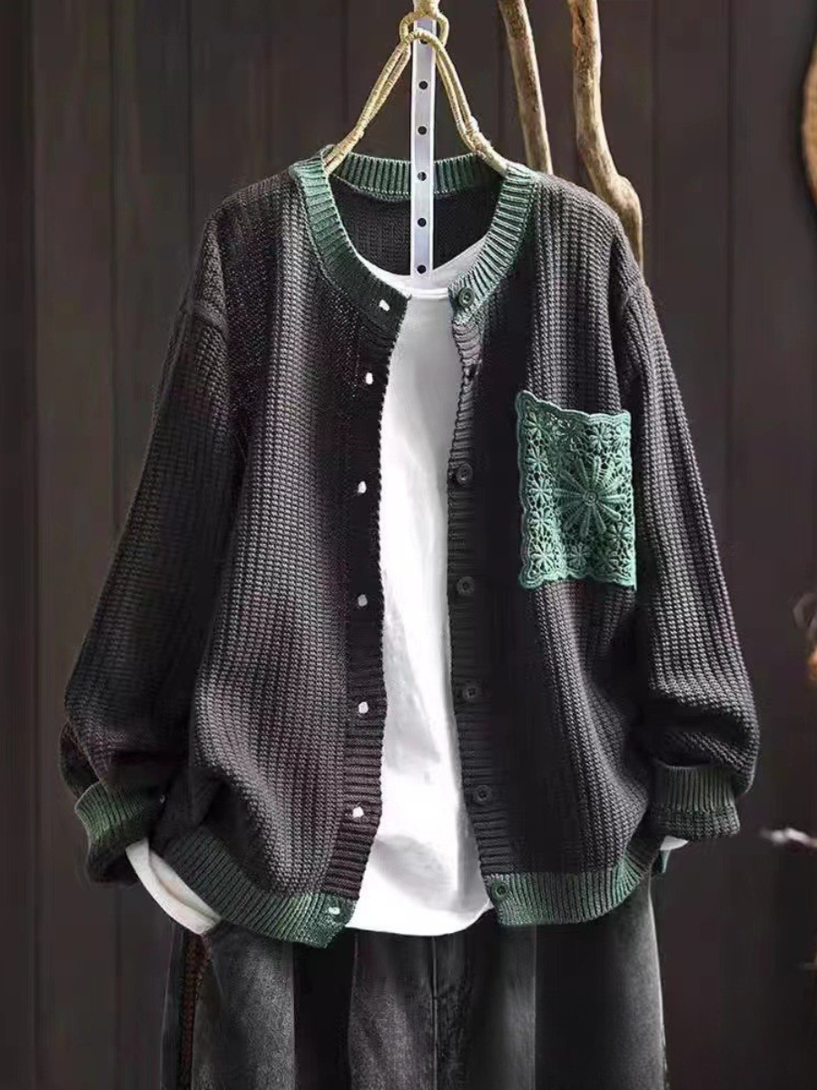 Crochet Pocket Round Neck Button Front Waffle Knit Cardigan 6