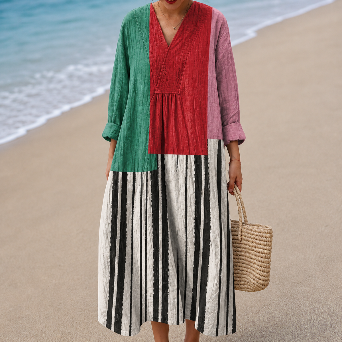 Colorblock Stripe Patchwork V-Neck Midi Dress