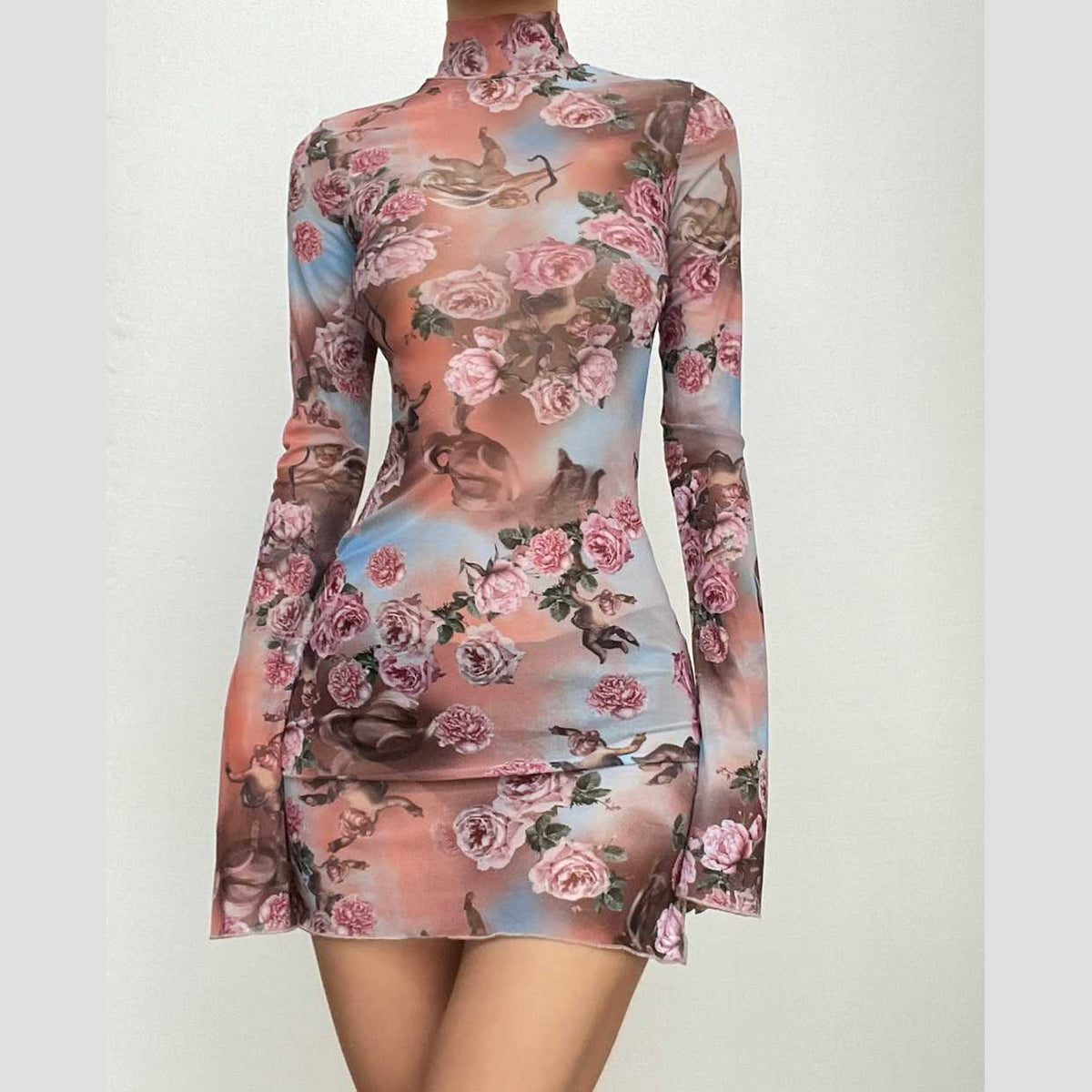 Floral Mesh High Neck Long Sleeve Sheer Bodycon Mini Dress - View 2