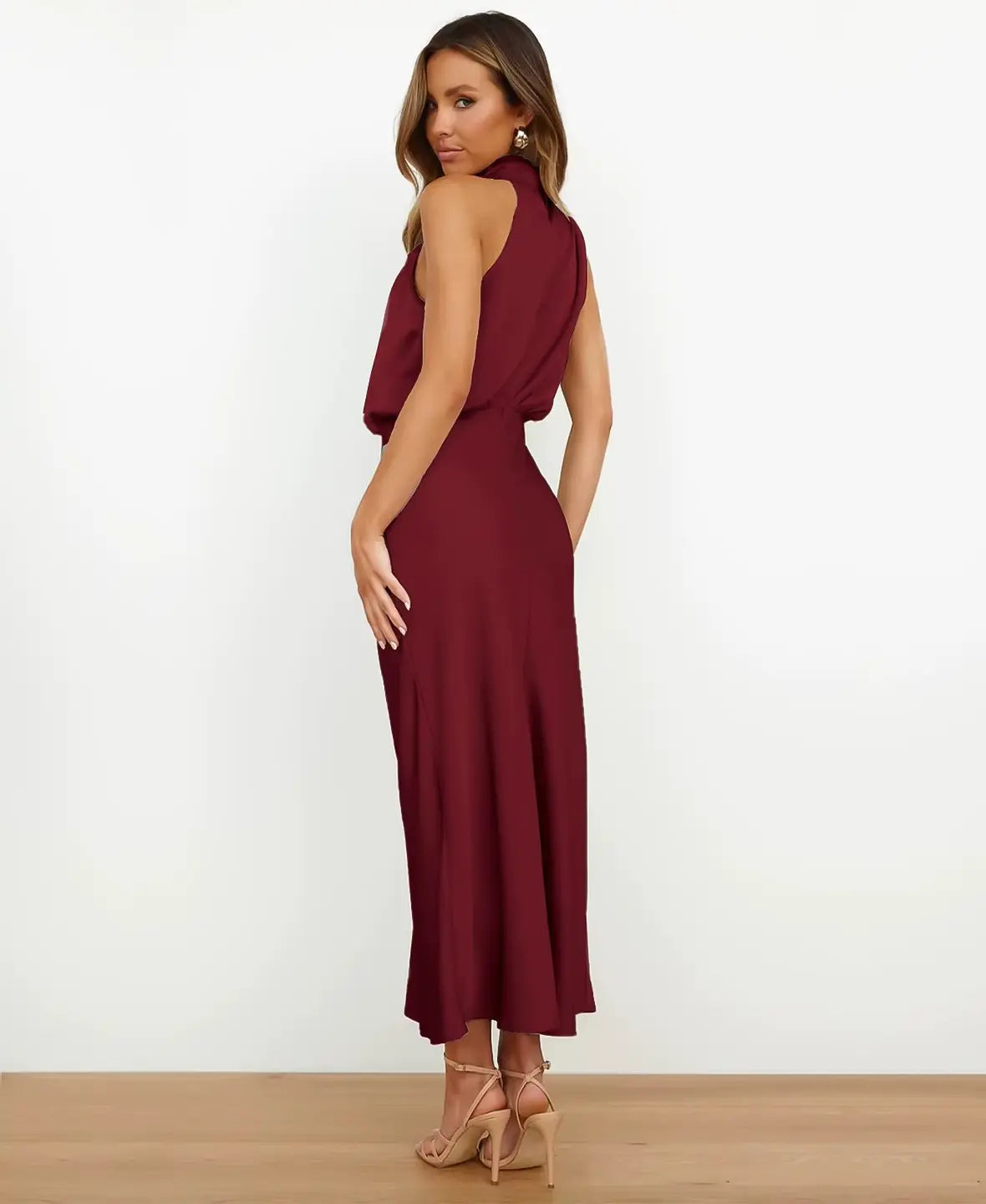 Satin Halter Neck Draped Cowl Bias Midi Dress 8