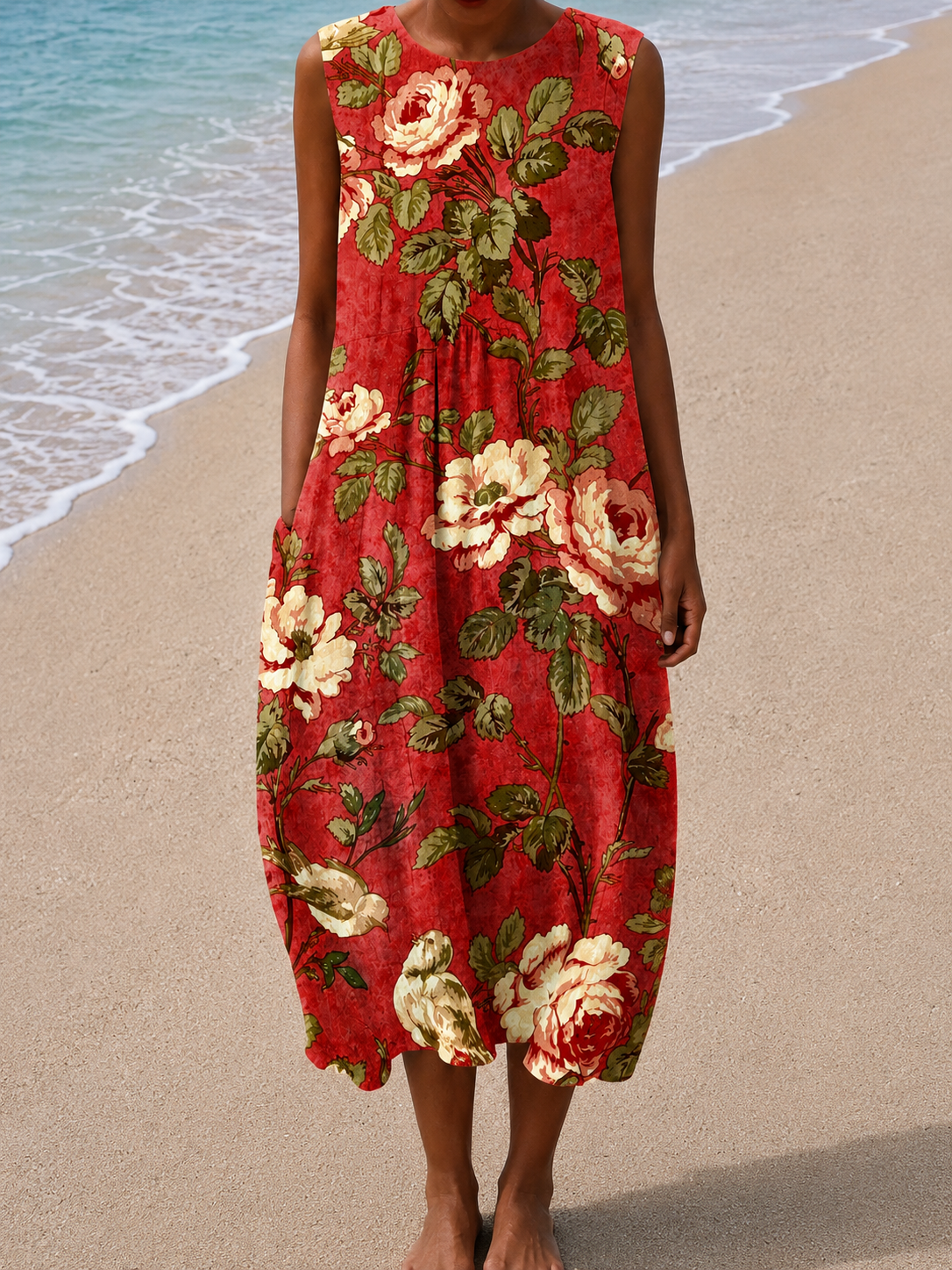 Round Neck Sleeveless Rose Floral Print Cocoon Midi Dress