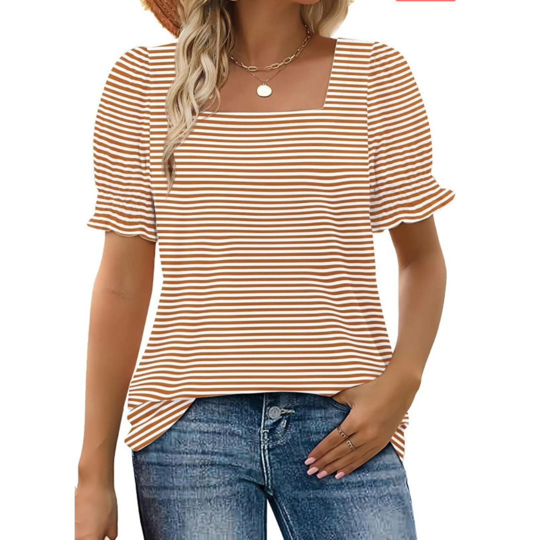 Square Neck Puff Sleeve Striped Top 16