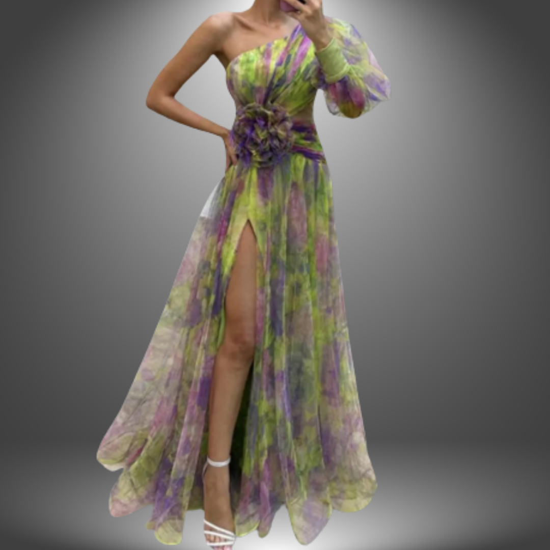 Watercolor Print One Shoulder Rosette Waist High Split Gown 5